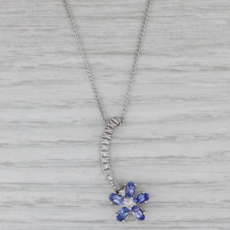 women’s diamond necklaces for brides-1.50ctw Tanzanite Diamond Flower Pendant Necklace 14k White Gold 18" Curb Chain