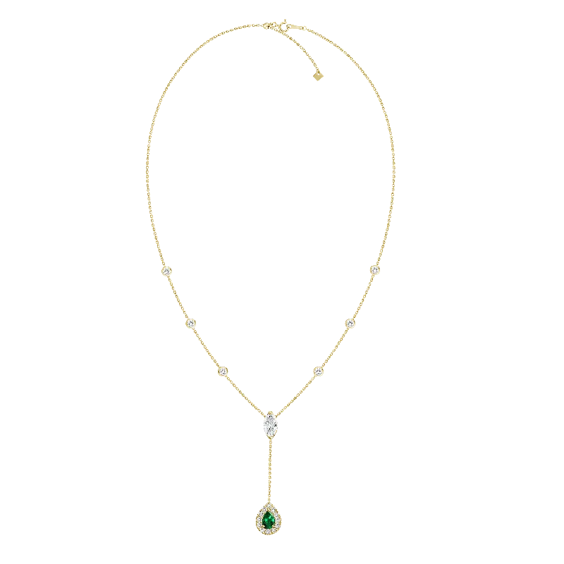 women’s designer gemstone necklaces-18K Yellow Gold Diamond + Emerald Y Necklace