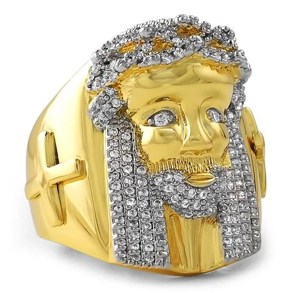 women’s matching gemstone rings-Iced Out Gold Jesus Ring with Cross