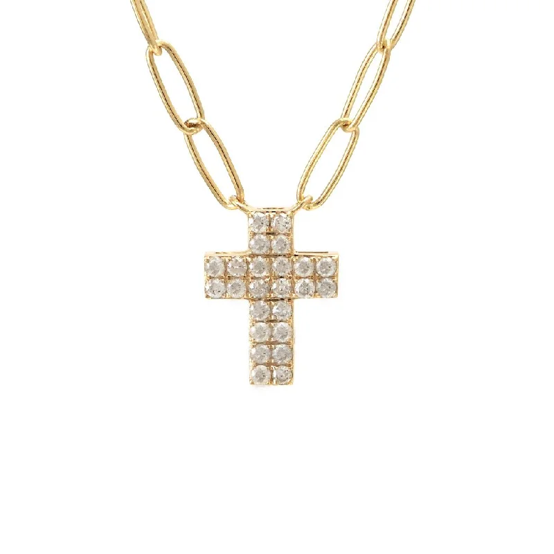 women’s trendy fashion necklaces-14K Yellow Gold Diamond Double Row Cross Necklace