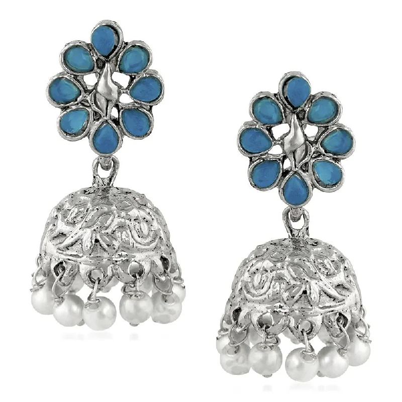 women’s antique earrings-Mahi Blue Kundan Traditional Ethnic Floral Jhumki Earring for Women(VECJ100236Blu)