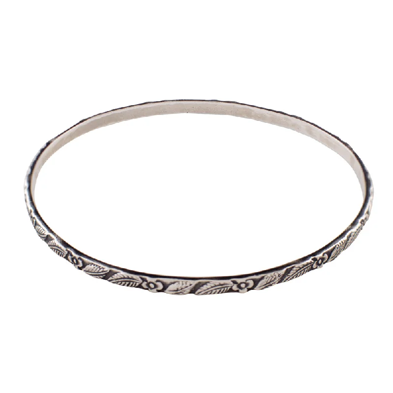 women’s adjustable bangles-Tooled Sterling Bangle - Flower & Leaf Pattern