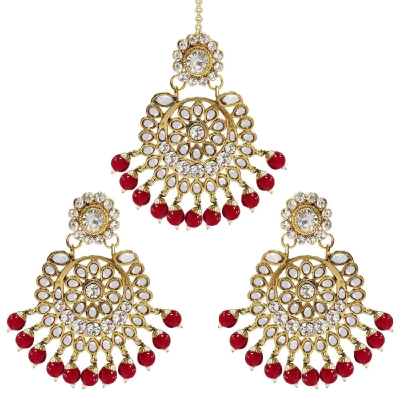 women’s twist earrings-Etnico Gold Plated Traditional Kundan Pearl Earrings & Maang Tikka for Women (TE2501R)