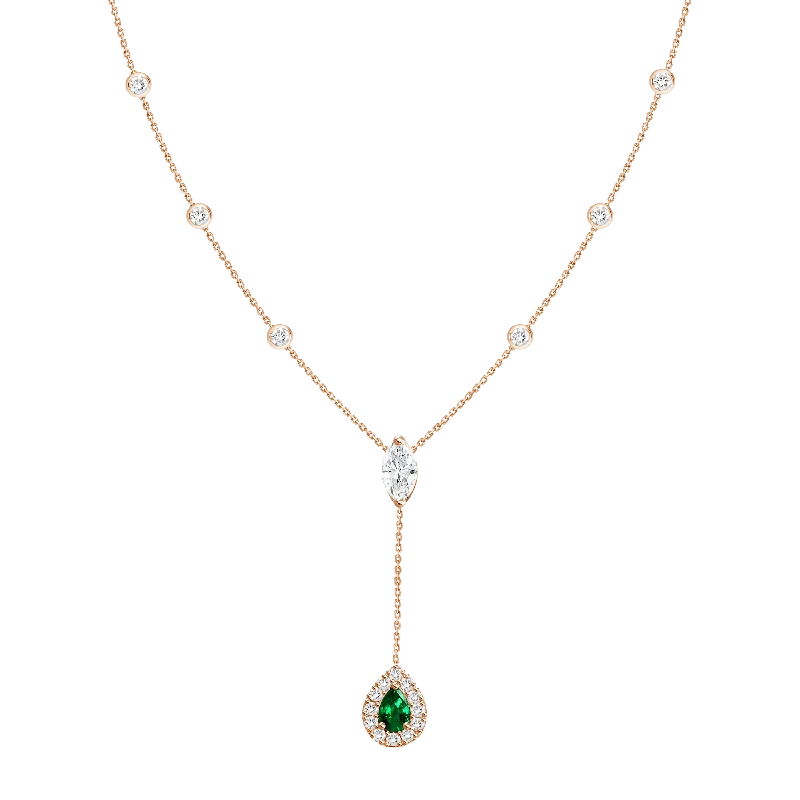 women’s anniversary necklaces-18K Rose Gold Diamond + Emerald Y Necklace