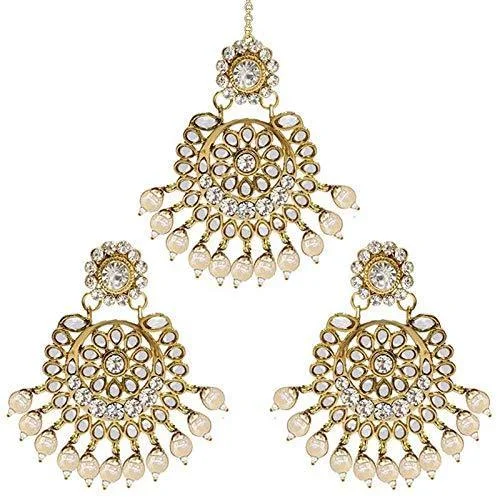 women’s heart earrings-Etnico Gold Plated Traditional Kundan Pearl Earrings & Maang Tikka for Women (TE2501W)