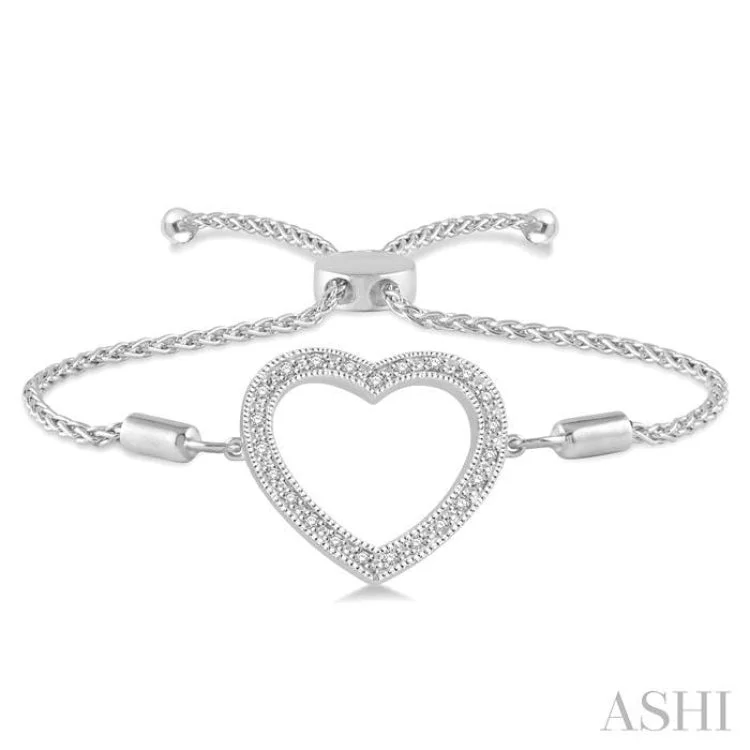 women’s diamond bracelets-1/10 Ctw Heart Charm Round Cut Diamond Sterling Silver Lariat Bracelet