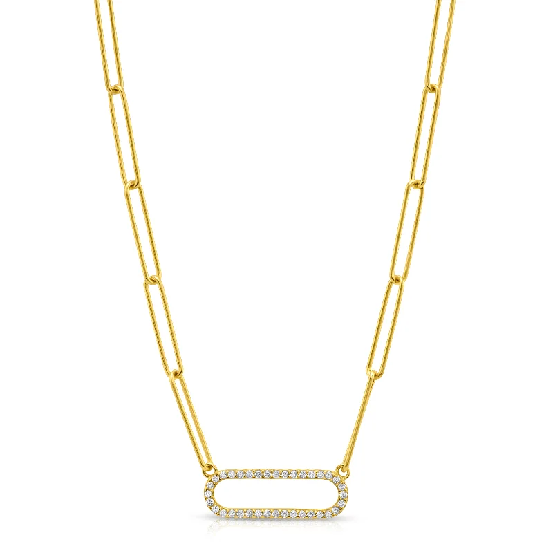 women’s men’s style necklaces-LONG PAPERCLIP NECKLACE W/ SINGLE CZ LINK, GOLD