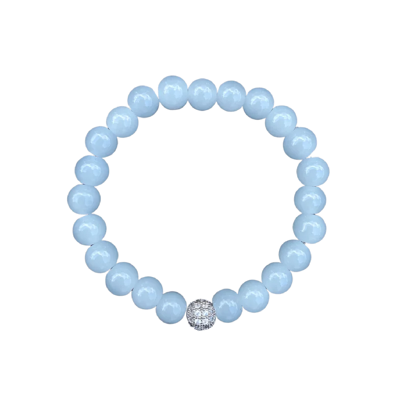 women’s gemstone bracelets-Silver Pave Light Water Blue Jade Glass 8mm