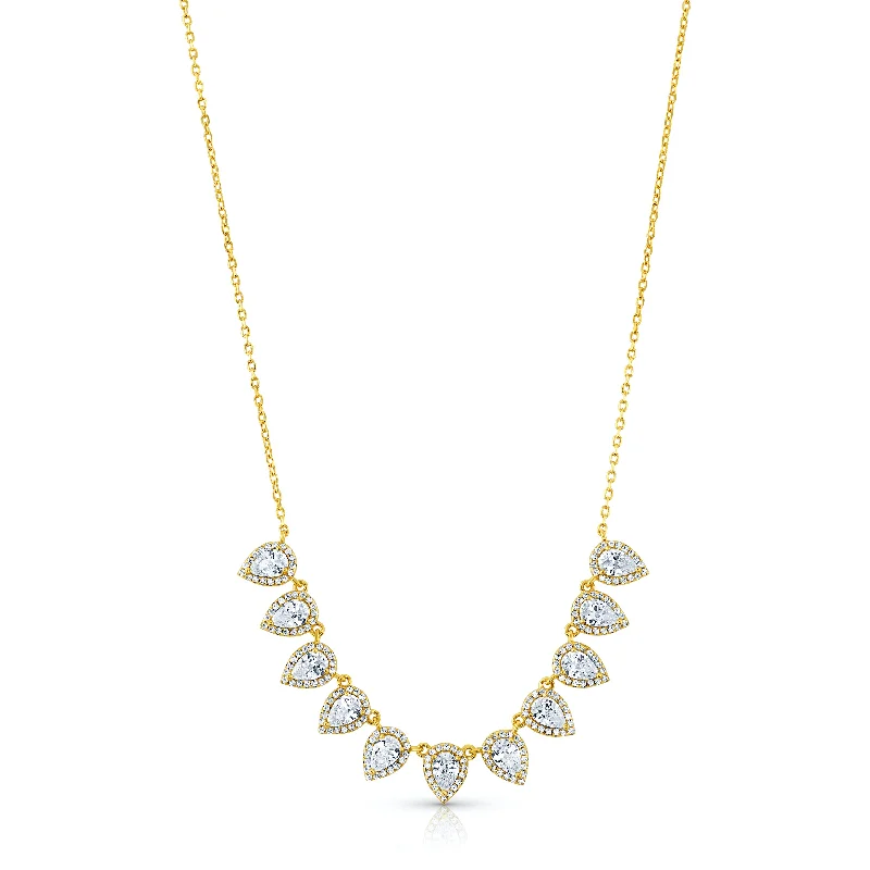 women’s sapphire necklaces-HALO PEAR CZ DANGLE NECKLACE, GOLD