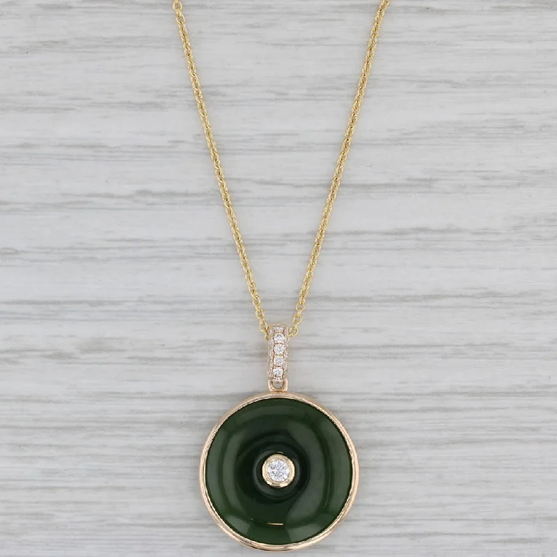 women’s chunky necklaces-New 0.19ct Diamond Nephrite Jade Pendant Necklace 14k Gold Adjustable Cable