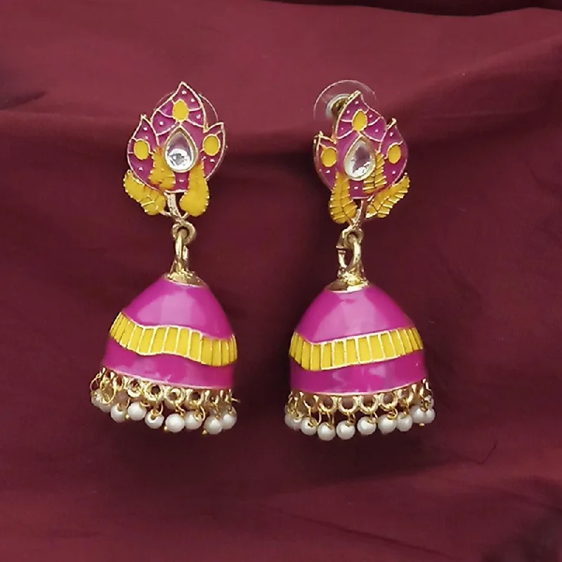 women’s gemstone drop earrings-Kriaa Gold Plated Dark Pink Meenakari And Kundan Jhumki Earrings - 1316366G