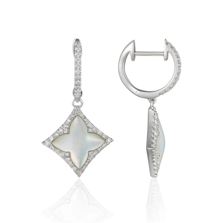 women’s geometric earrings-Luvente 14k Mother of Pearl and Diamond Flower Earrings E03252