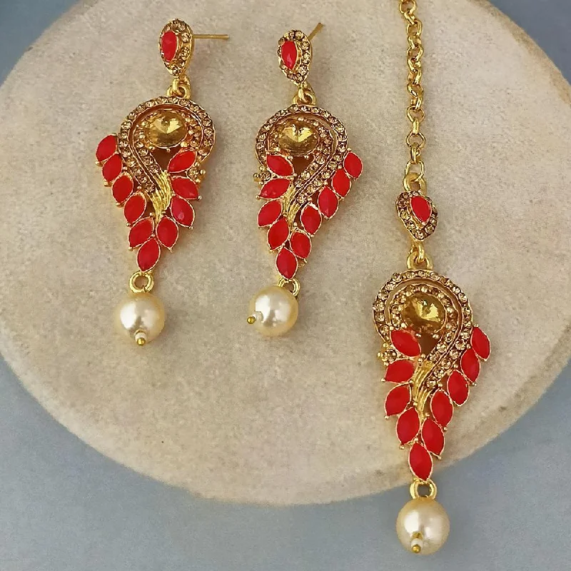 women’s rose gold earrings-Adi Gold Plated Kundan And Austrian Stone Earrings With Maang Tikka  - 1319262