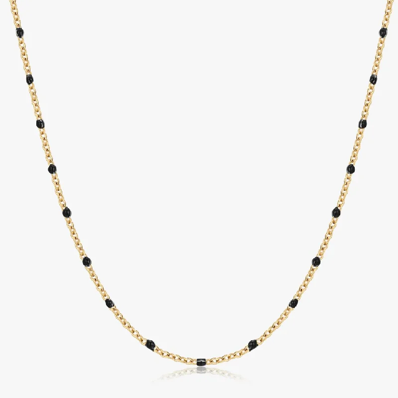 women’s birthstone necklaces-Black Enamel Beaded Necklace in Gold