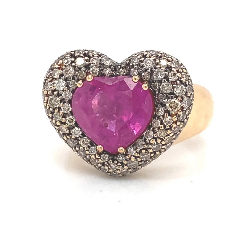 women’s birthstone stack rings-Savoia Pave Brown Diamond Pave Pink Ruby Heart Fashion Ring