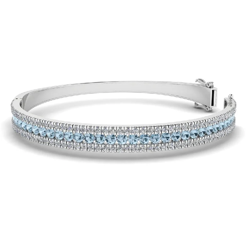 women’s leather wrap bracelets-Round Brilliant 4.05 Carat Aquamarine and Diamond 3 Rows Bangle BAN1A