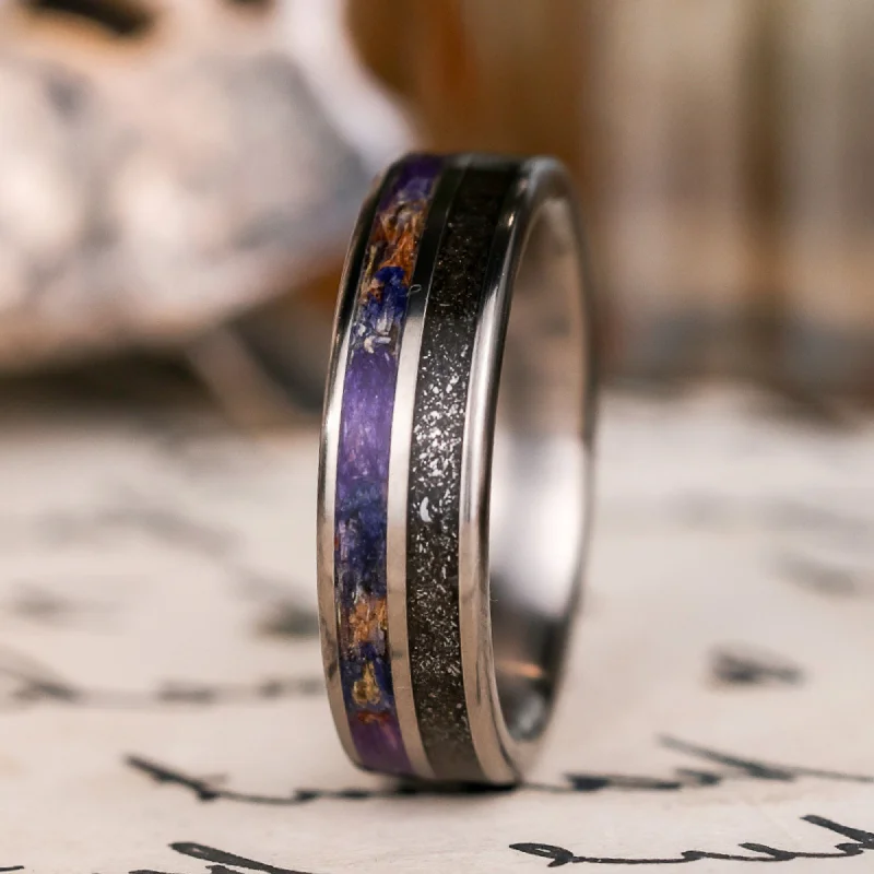 women’s modern engagement rings-(In-Stock) Custom Men's Titanium Wedding Band with Meteorite Dust & Lavender Inlays - Size 8.25 | 6mm Wide