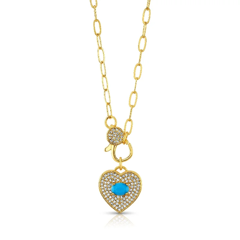 women’s personalized birthstone necklaces-HEART TURQUOISE CZ CLASP NECKLACE