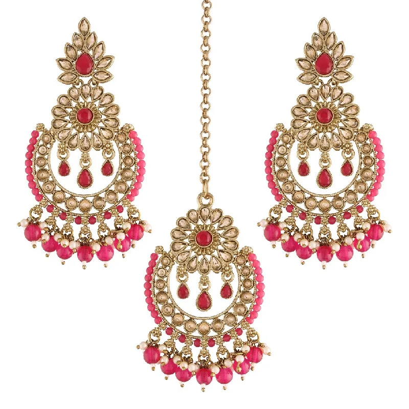 women’s large earrings-Etnico 18K Gold Plated Traditional Handcrafted Earrings With Maang Tikka Encased with Faux Kundan & Pearl for Women/Girls (TE4001Q)