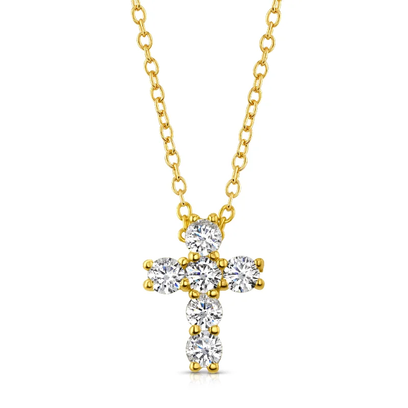 women’s long necklaces-CROSS CZ NECKLACE, GOLD