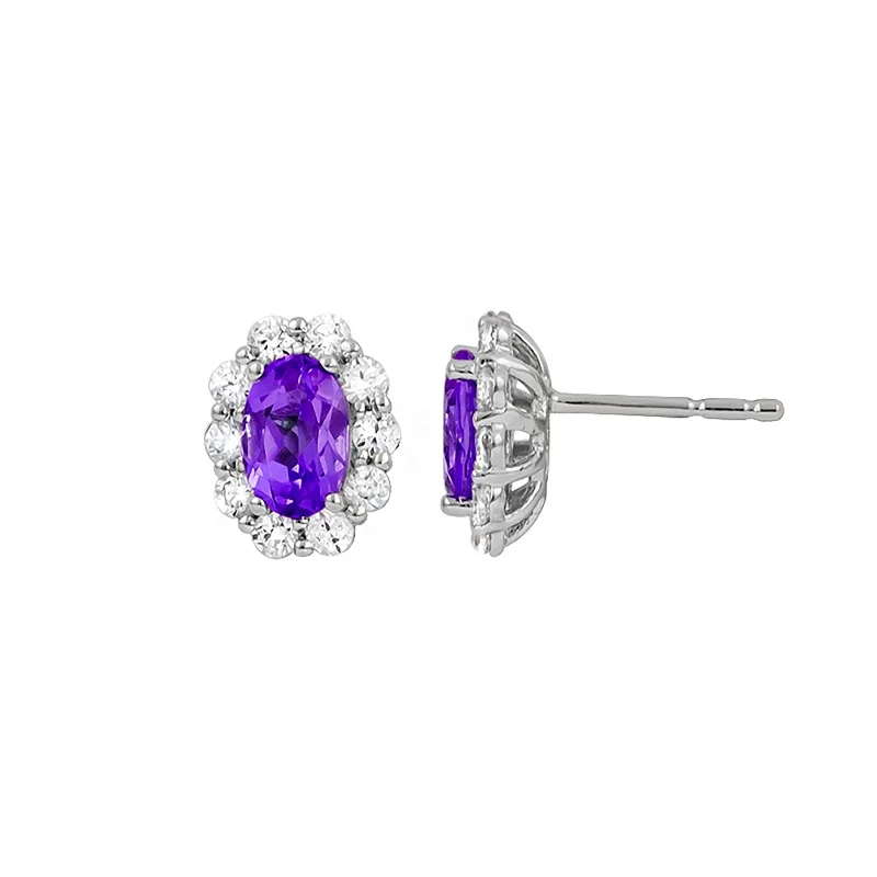 women’s ruby earrings-Oval Amethyst and Diamond Halo Earrings