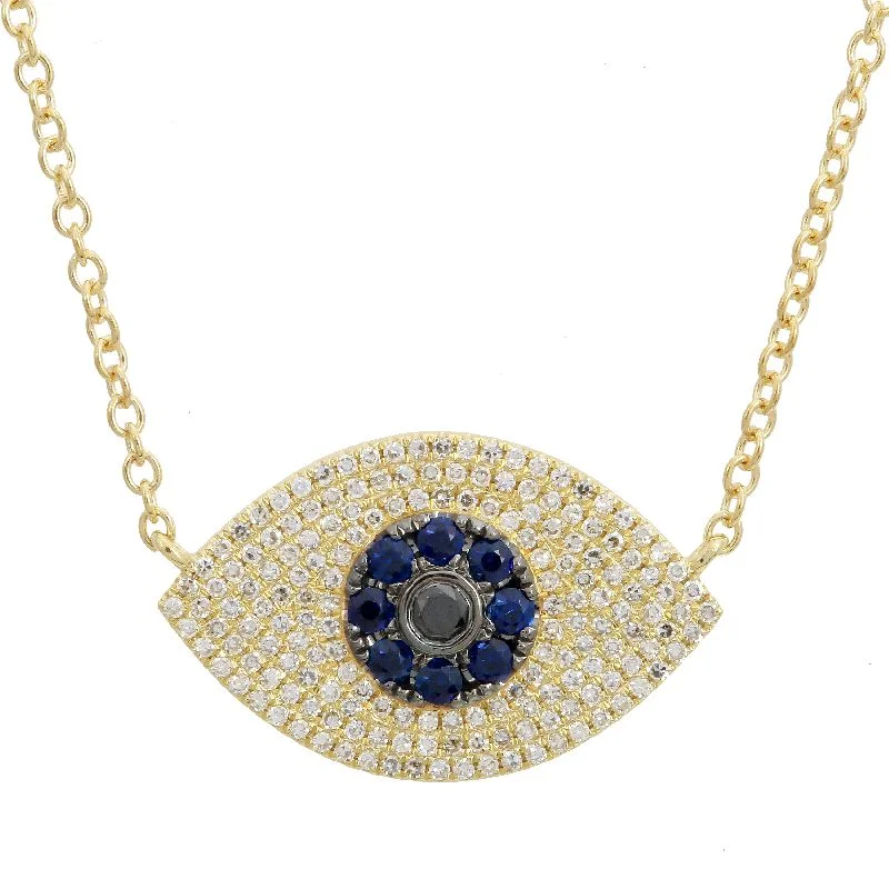 women’s custom gemstone necklaces-14K Yellow Gold Diamond+Sapphire Evil Eye Necklace