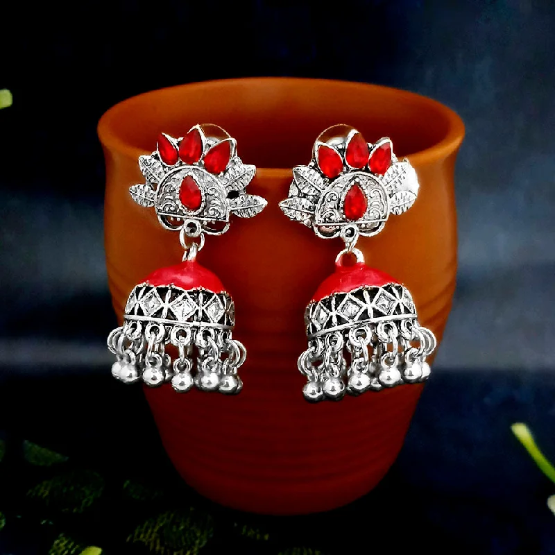 women’s clip-on earrings-JewelJunk Red Oxidized Plated Jhumka