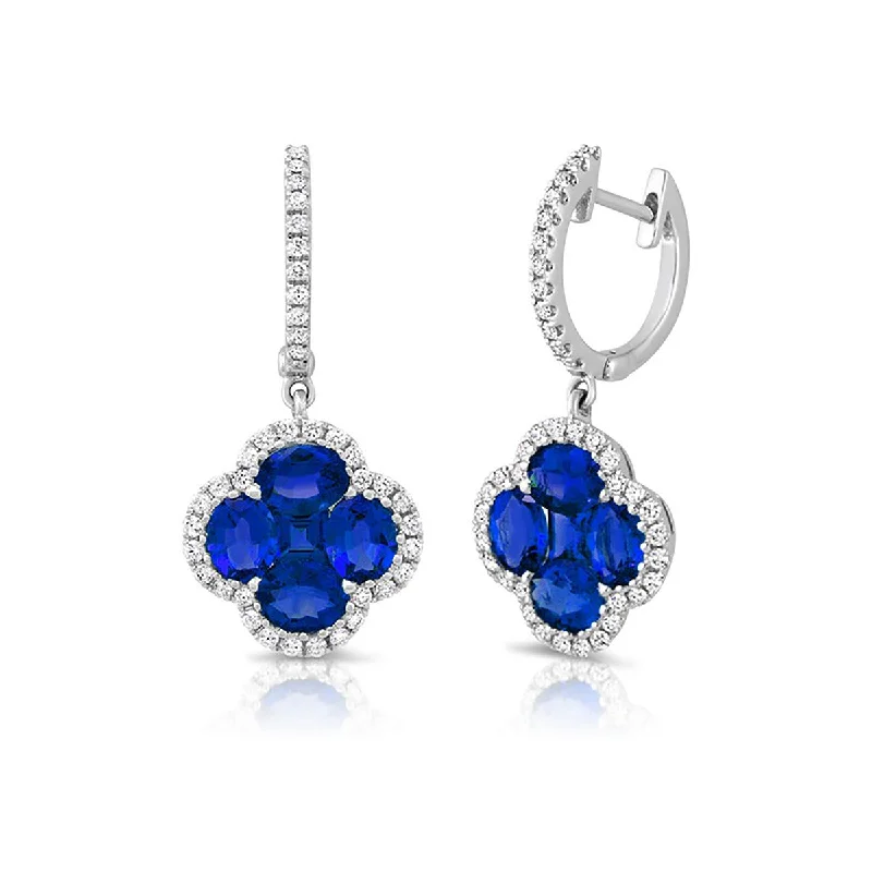 women’s personalized earrings-Sapphire and Diamond Halo Drop Earrings