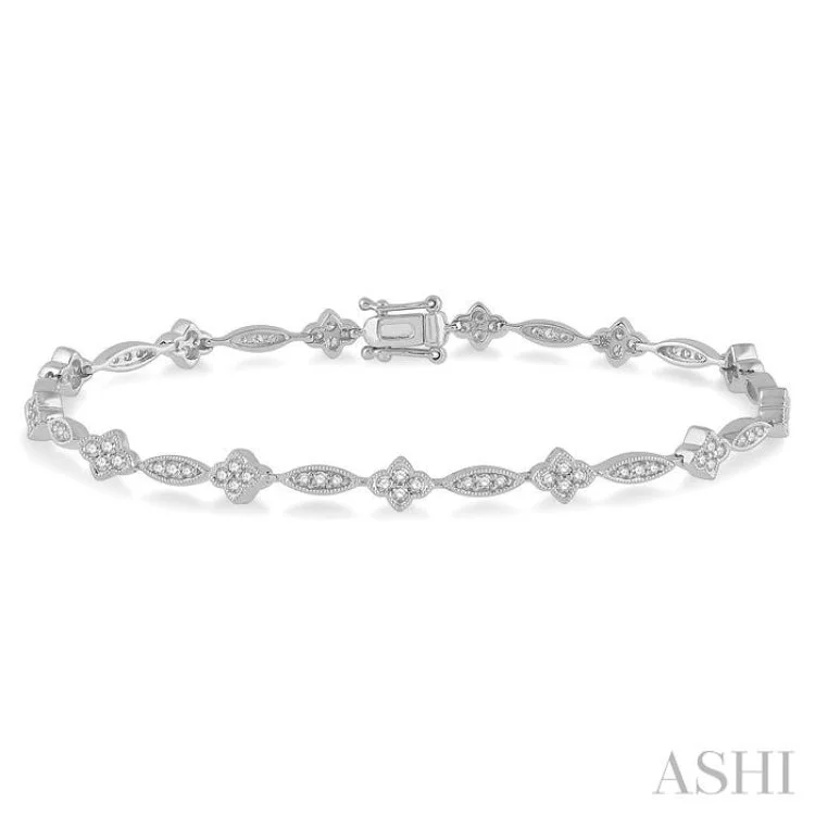 women’s simple bangles-1 1/10 ctw Marquise and Floral Link Diamond Bracelet in 14K White Gold