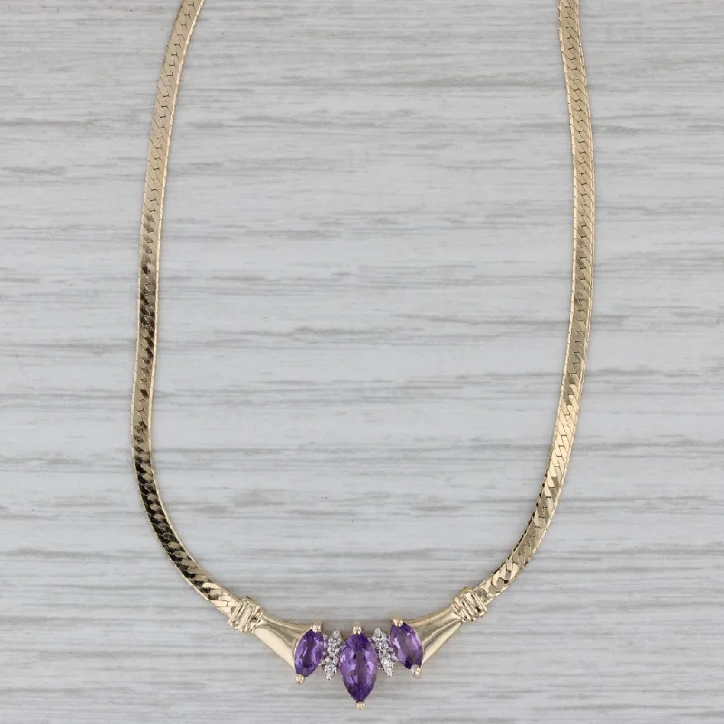 women’s fine jewelry necklaces-0.96ctw Amethyst Diamond V Necklace 14k Yellow Gold 16" Herringbone Chain