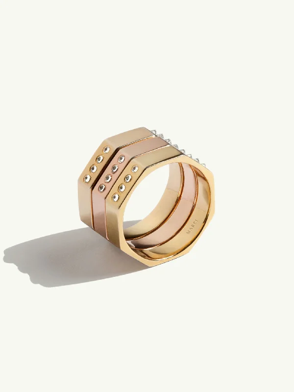 women’s minimalist engagement rings-Octavian Triptych Tower Ring With Brilliant-Cut White Diamonds In 18K Yellow Gold & 18K Rose Gold - 13mm