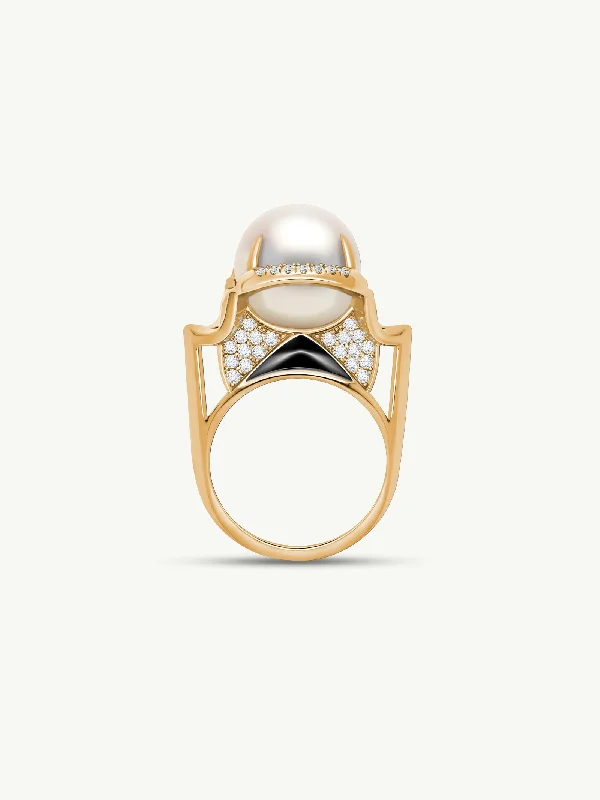 women’s custom rings-Isis Goddess Ring With White South Sea Pearl & Pavé-Set Brilliant White Diamonds In 18K Yellow Gold