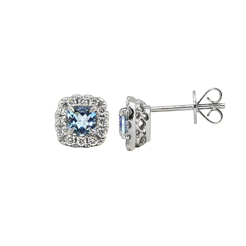 women’s fashion hoop earrings-Aquamarine and Diamond Halo Studs