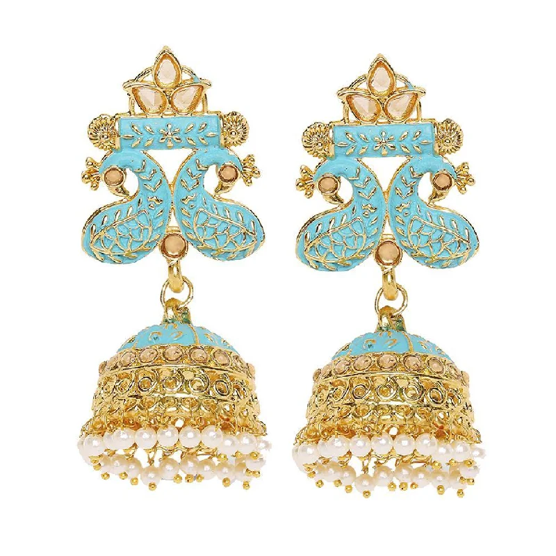 women’s large earrings-Mahi Traditional Blue Meenakari work Peacock Jhumki Earrings with Artificial Pearls for Women (ER1109724GLBlu)