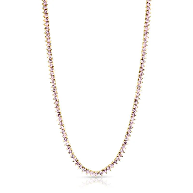 women’s pendant necklaces-PINK CZ POINT TENNIS NECKLACE, GOLD BRASS