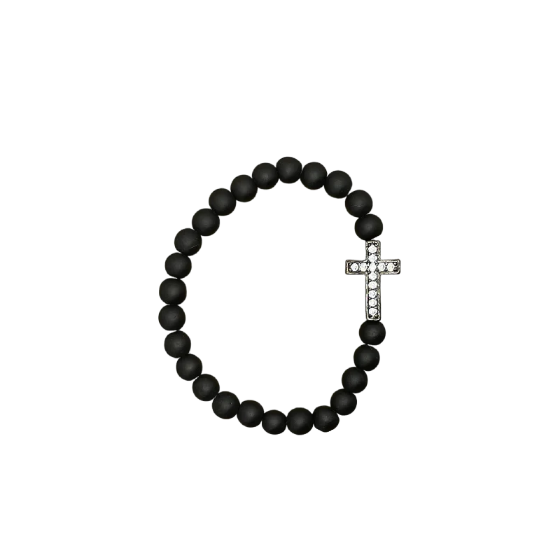 women’s trendy bracelets-Small Gunmetal Pave Cross Matte Black 6mm