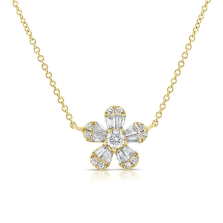 women’s custom name necklaces-14K Yellow Gold Baguette Diamond Flower Necklace