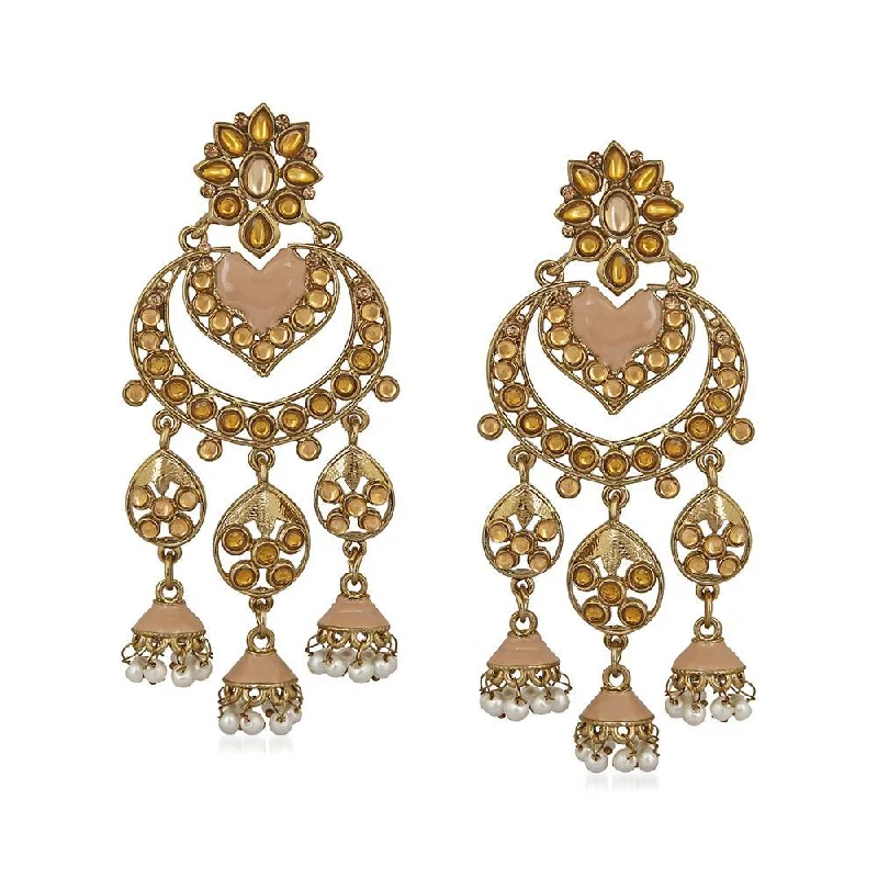 women’s flower earrings-Mahi Traditional Floral Heart Layered Jhumki Long Dangler with Kundan and Artificial Pearl for Women (VECJ100243)