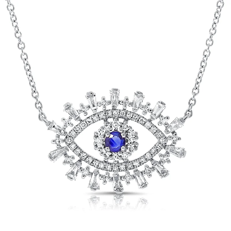 women’s long chain necklaces-14K White Gold Diamond + Sapphire Evil Eye Necklace