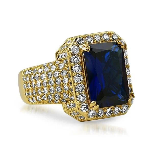 women’s twisted rings-Fully iced Out Lab Sapphire Hip Hop Gold Ring