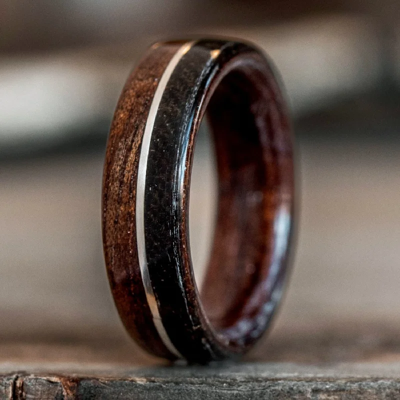 women’s classic engagement rings-(In-Stock) The World War | Rifle Stock Wood Wedding Band with WWI Uniform & Sterling Silver Inlay - Size 4.75 | 6mm Wide