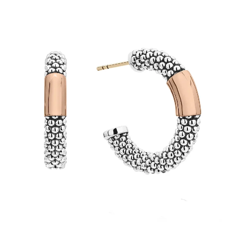 women’s heart-shaped earrings-Rose Gold Station Caviar Hoop Earrings