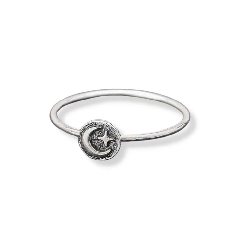 women’s engraved rings-Moon & Star Sterling Silver Stacking Ring