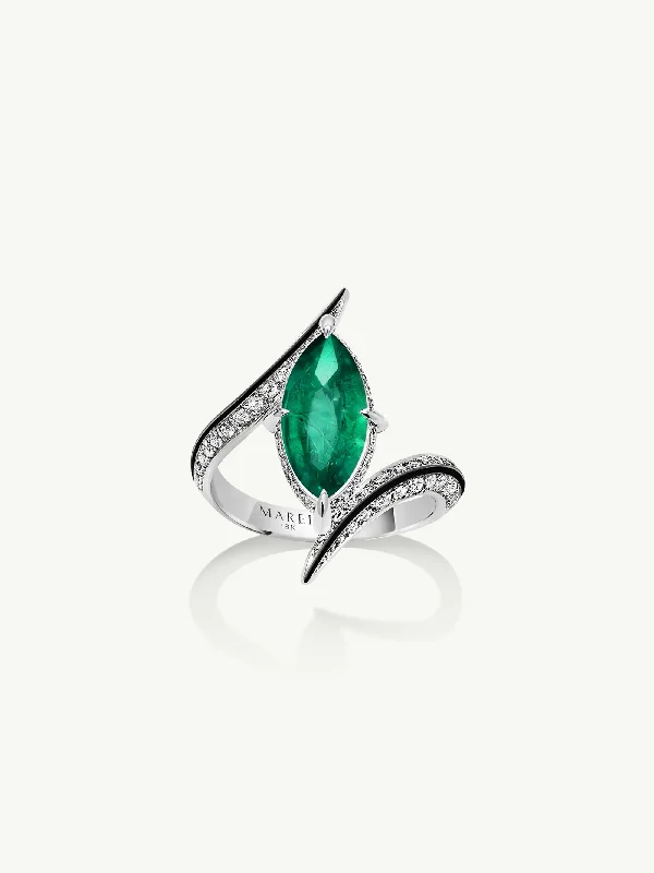 women’s birthstone rings-Ayla Arabesque Brilliant Marquise-Cut Emerald Ring With Pavé White Diamonds & Enamel In 18K White Gold