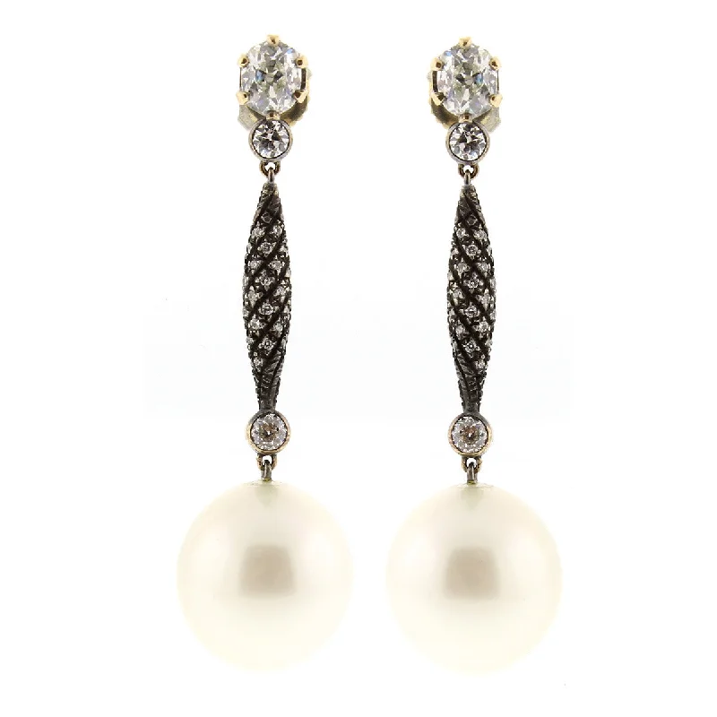 women’s colorful earrings-South Sea Pearl and Diamond Drop Earrings