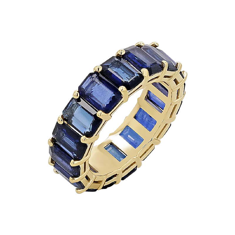 women’s diamond rings-Genuine Blue Sapphire Emerald Cut Eternity Ring