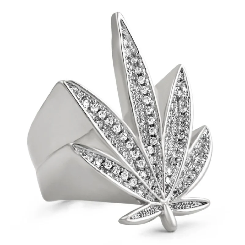 women’s ruby rings-Marijuana Leaf 420 CZ Bling Bling Rhodium Ring