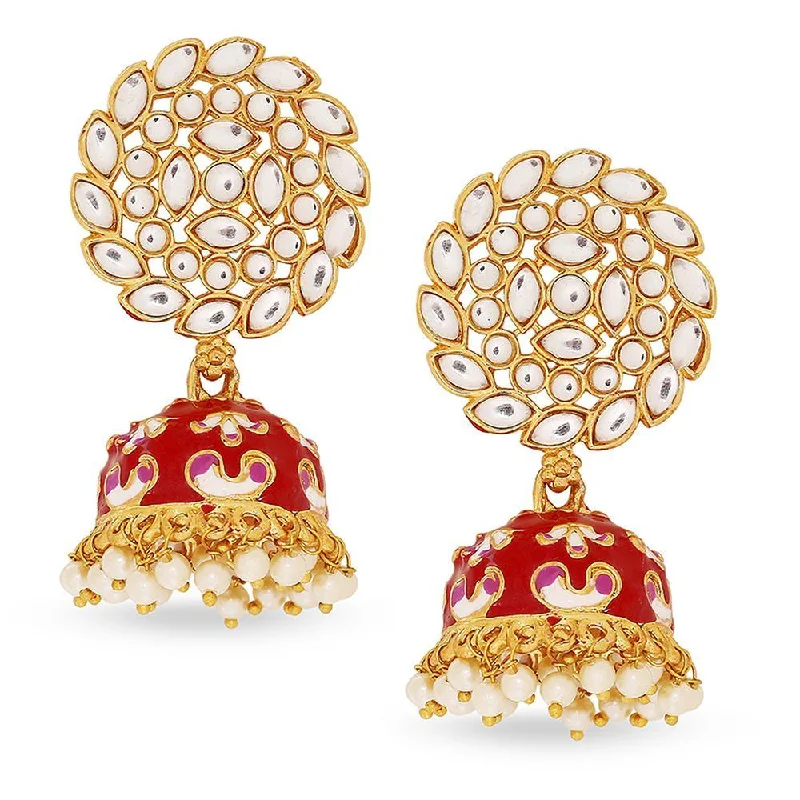 women’s luxury chandelier earrings-Mahi Red Meenakari Work Enamelled Kundan and Artificial Pearl Jhumki Earrings for Women (ER1109738GRed)