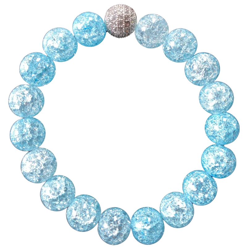 women’s tennis bracelets-Silver Pave Blue Crackle Glass 10mm