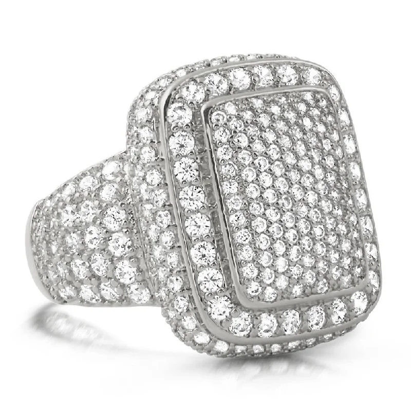 women’s cushion cut rings-.925 Silver Cocktail Chunky Ice Bling Bling CZ Mens Ring in Rhodium